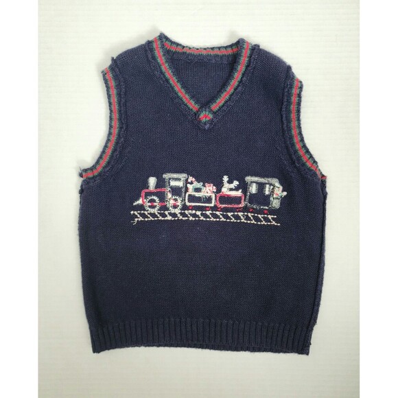 Good Lad of Philadelphia Toddler Ramie Cotton Knit Vest 24M Navy Christmas Train - Picture 4 of 9